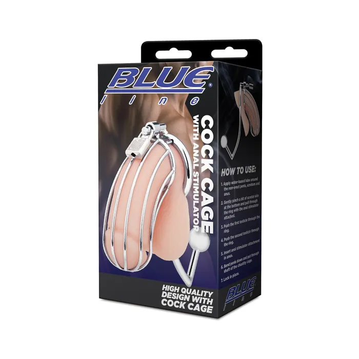 Blue Line Cock Cage With Anal Stimulator Silver Blue Line Male Sex Toys