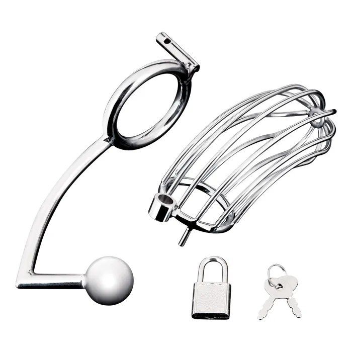 Blue Line Cock Cage With Anal Stimulator Silver Blue Line Male Sex Toys