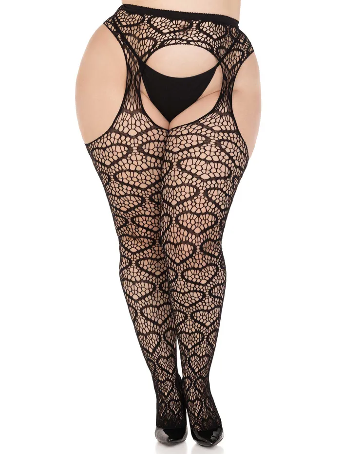 Leg Avenue Anal Heart Net Suspender Pantyhose 1x2x Black