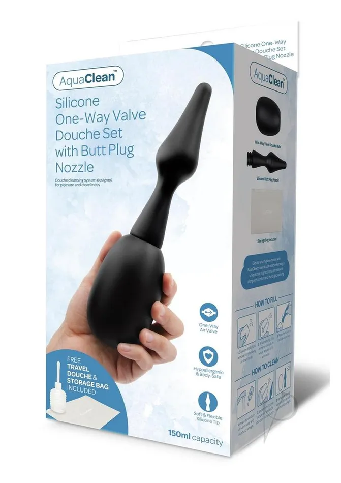 Aqua Clean Anal AquaClean 150ML One Way Valve Douche with Butt Plug Nozzle Black Aqua Clean Anal AquaClean 150ML One Way Valve Douche with Butt Plug Nozzle Black
