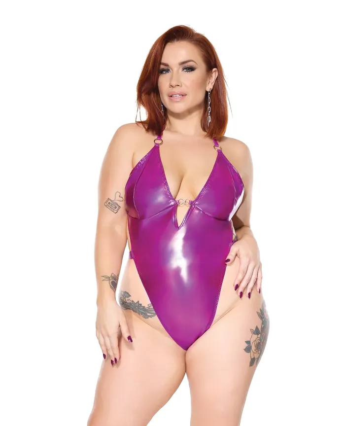 Darque Vibrators Darque PVC Halter Teddy wAdjustable Straps Purple QN