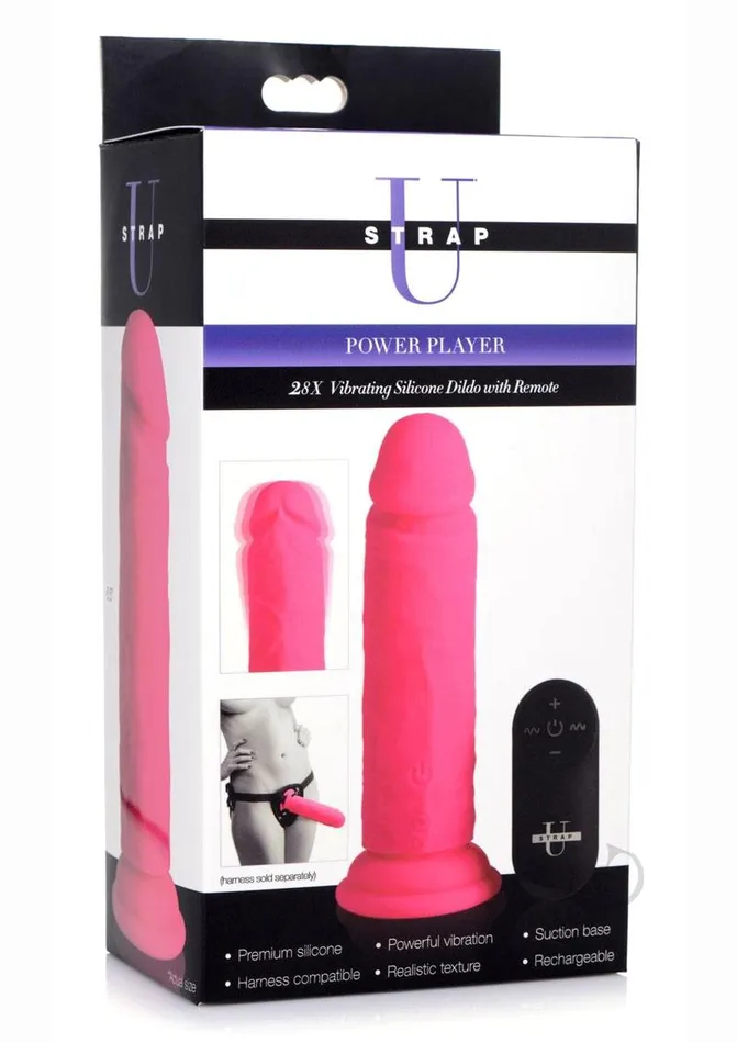 Female Sex Toys Strap U Strap U Power Player 28X Vibrating Silicone Rechargeable Dildo 65in With Remote Control Pink Female Sex Toys Strap U Strap U Power Player 28X Vibrating Silicone Rechargeable Dildo 65in With Remote Control Pink