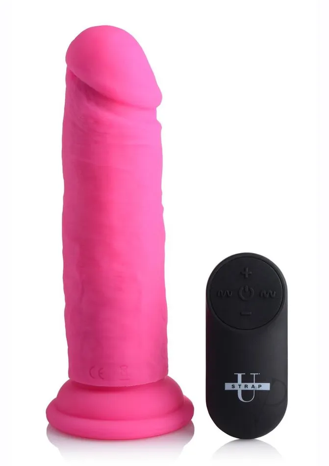 Female Sex Toys Strap U Strap U Power Player 28X Vibrating Silicone Rechargeable Dildo 65in With Remote Control Pink