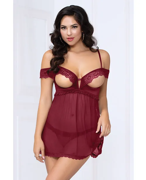 Lace Mesh Open Cups Babydoll wFly Away Back Panty Wine XL Seven Til Midnight Female Sex Toys Lace Mesh Open Cups Babydoll wFly Away Back Panty Wine XL Seven Til Midnight Female Sex Toys