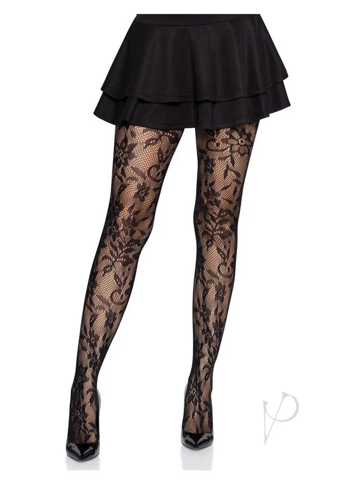 Leg Avenue Seamless Chantilly Floral Lace Tights OS Black Leg Avenue Anal