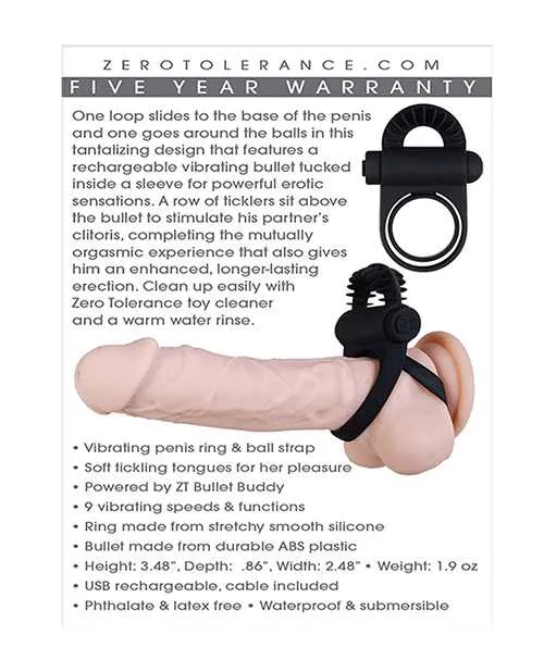 Male Sex Toys Zero Tolerance Zero Tolerance Bell Ringer Rechargeable Silicone Vibrating Cock Ring with Clitoral Stimulator and Ball Strap Black