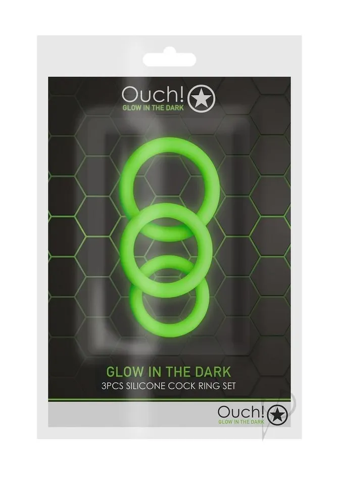 Ouch Male Sex Toys Ouch Cock Ring Silicone Set 3pc Glow in the Dark Green