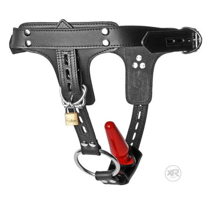 Premium Locking Leather Cock Ring and Anal Plug Harness Strict Leather Male Sex Toys