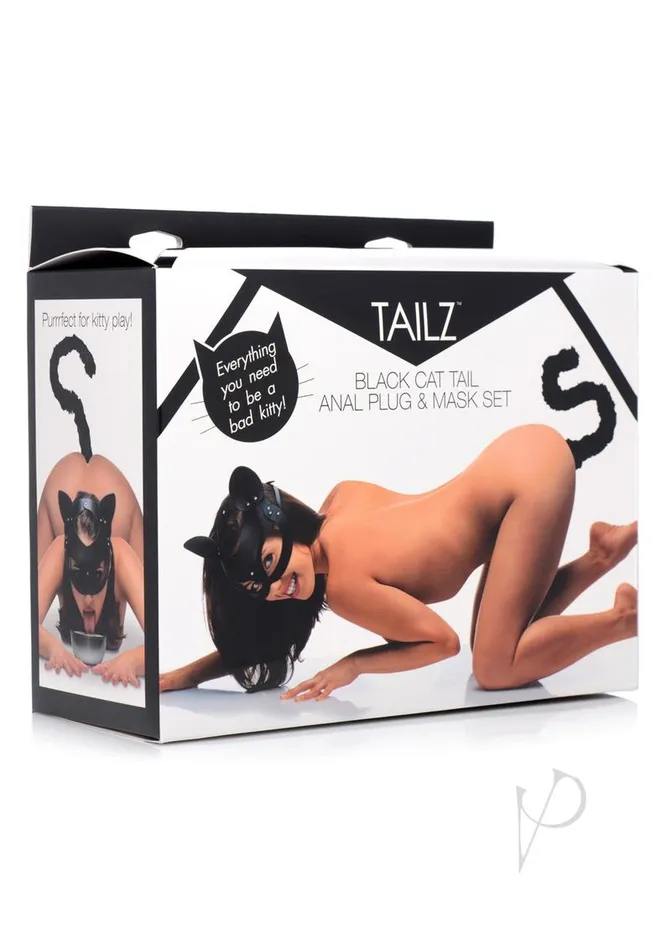 Tailz Anal Tailz Black Cat Tail Anal Plug and Mask Set Black