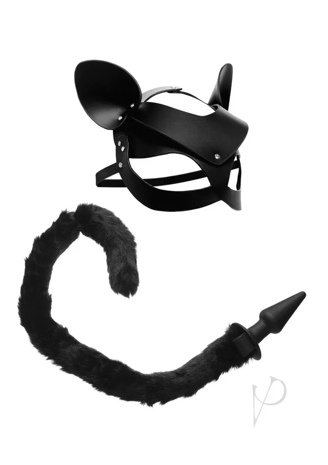 Tailz Anal Tailz Black Cat Tail Anal Plug and Mask Set Black