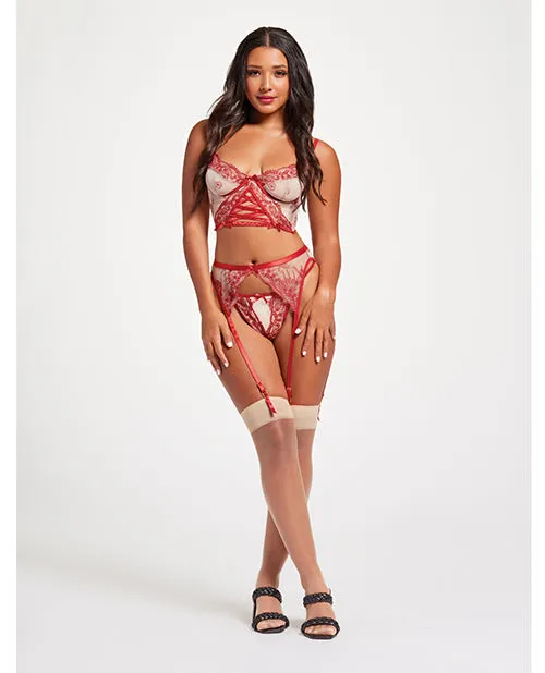 Vibrators Seven Til Midnight Sheer Stretch Mesh wFloral Contrast Embroidery Bustier Garter Belt Thong RedNude LG Vibrators Seven Til Midnight Sheer Stretch Mesh wFloral Contrast Embroidery Bustier Garter Belt Thong RedNude LG