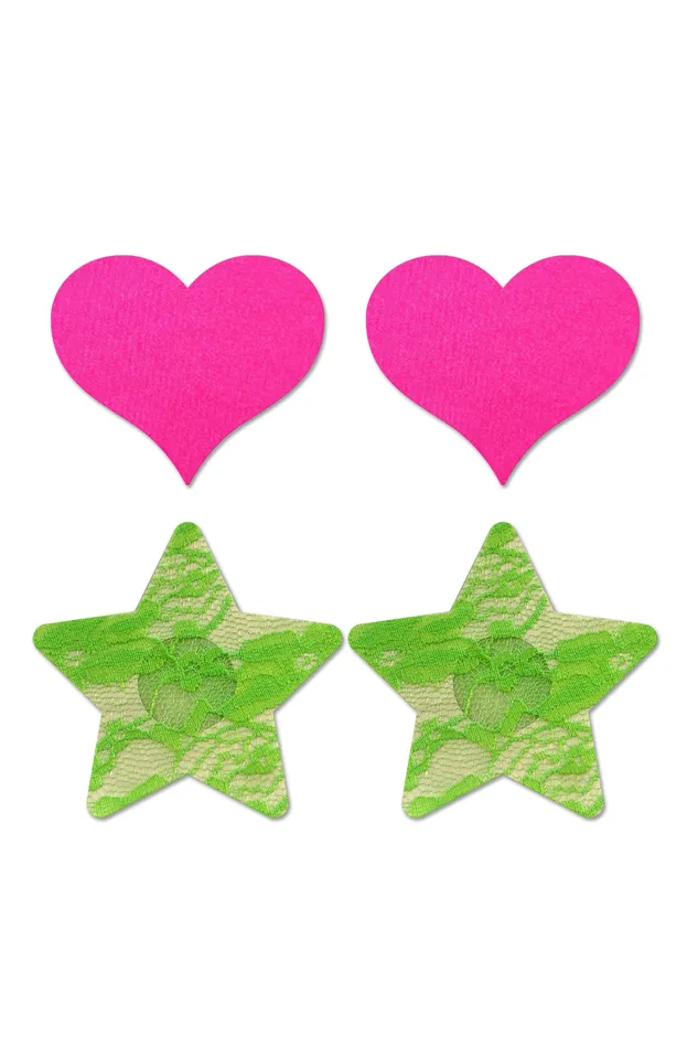 Dildos Fantasy Lingerie Fashion Pasties Set Neon Pink Satin Heart and Neon Green Lace Star Dildos Fantasy Lingerie Fashion Pasties Set Neon Pink Satin Heart and Neon Green Lace Star