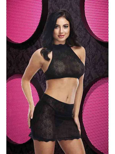 Lapdance Lingerie Anal Jacquard Crop Top and Skirt Set LC70BK