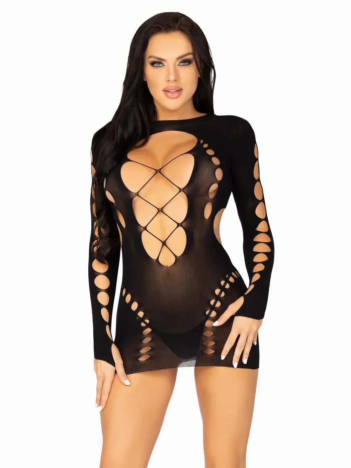 Leg Avenue Male Sex Toys Seamless Cut Out Long Sleeve Mini Dress With Faux Lace Up Detail One Size Black Leg Avenue Male Sex Toys Seamless Cut Out Long Sleeve Mini Dress With Faux Lace Up Detail One Size Black