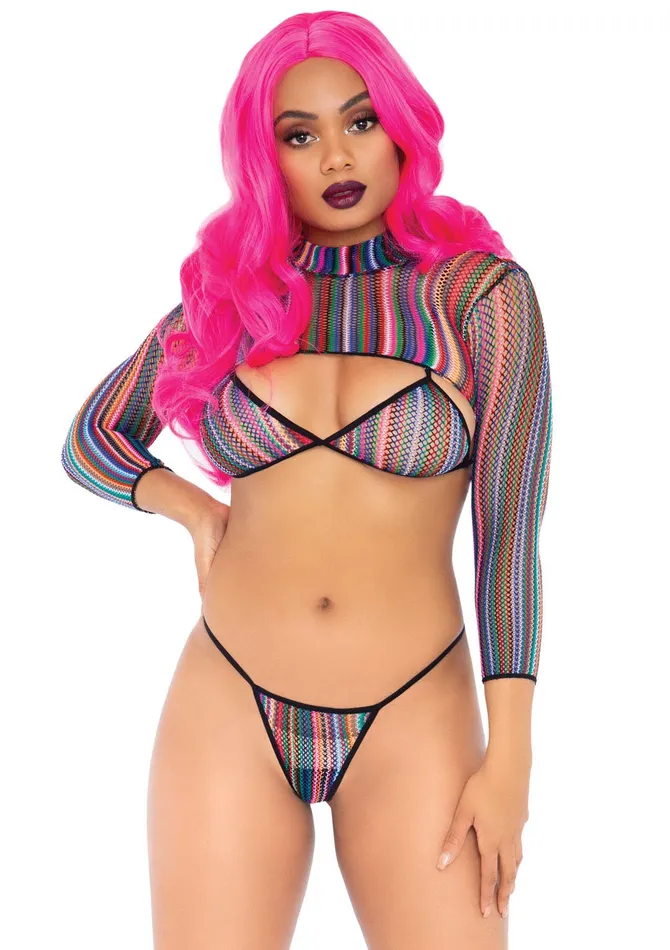 Leg Avenue Vibrators 3 Pc Fishnet Bikini GString and Crop Top One Size Multicolor Leg Avenue Vibrators 3 Pc Fishnet Bikini GString and Crop Top One Size Multicolor