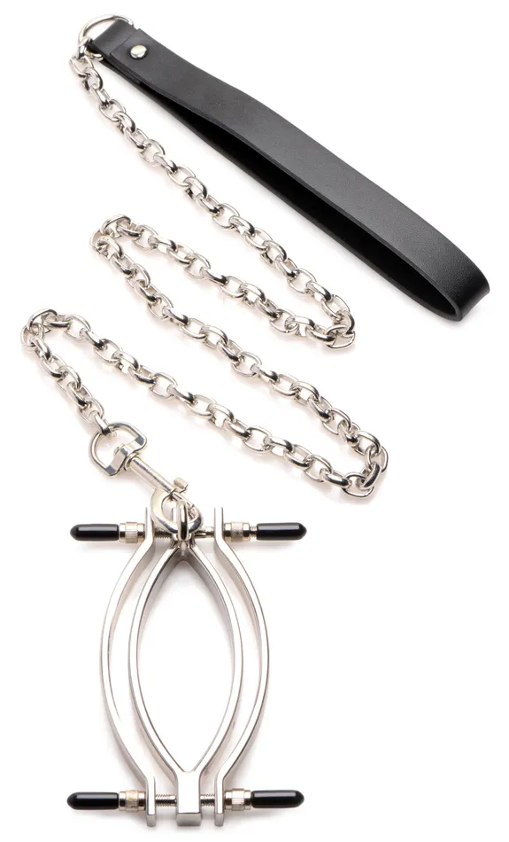XR Brands Master Series Pussy Tugger Adjustable Pussy Clamp With Leash Silver Male Sex Toys XR Brands Master Series Pussy Tugger Adjustable Pussy Clamp With Leash Silver Male Sex Toys